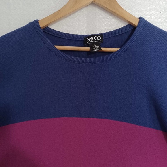 Vintage NY&CO Women's XL Tunic Sweater Stripe Blue Round Neck Side Vents NEW - Picture 5 of 8